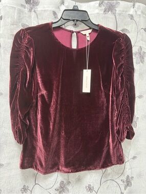 Rebecca Taylor Burgundy Velvet Puff-Sleeve Blouse
